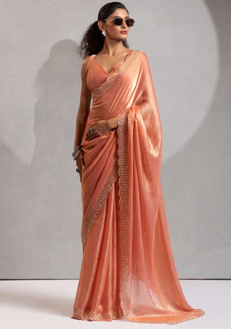 Peach Heavy Hand Work Zircon Silk Blend Saree Set for Diwali and Festive Wear - Indya