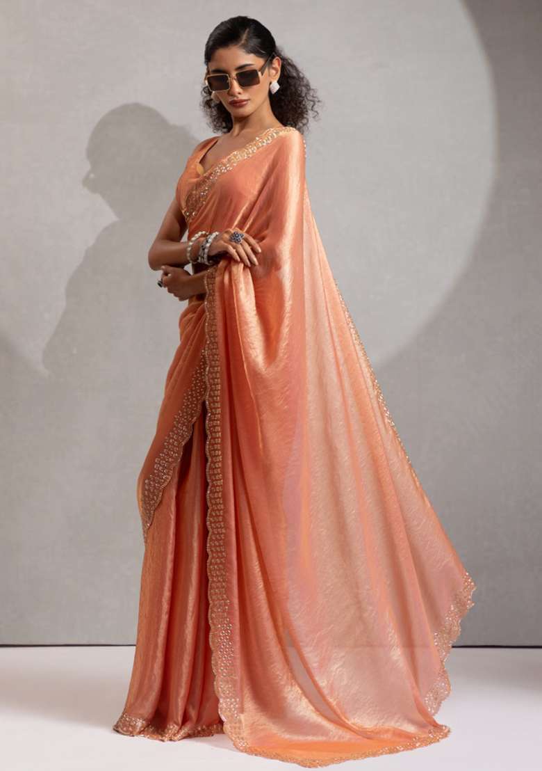 Peach Heavy Hand Work Zircon Silk Blend Saree Set for Diwali and Festive Wear - Indya