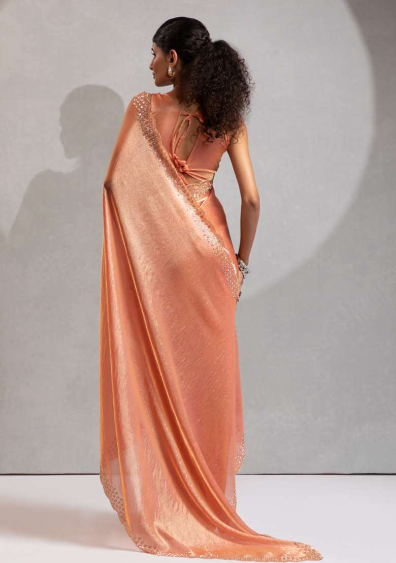 Peach Heavy Hand Work Zircon Silk Blend Saree Set for Diwali and Festive Wear - Indya