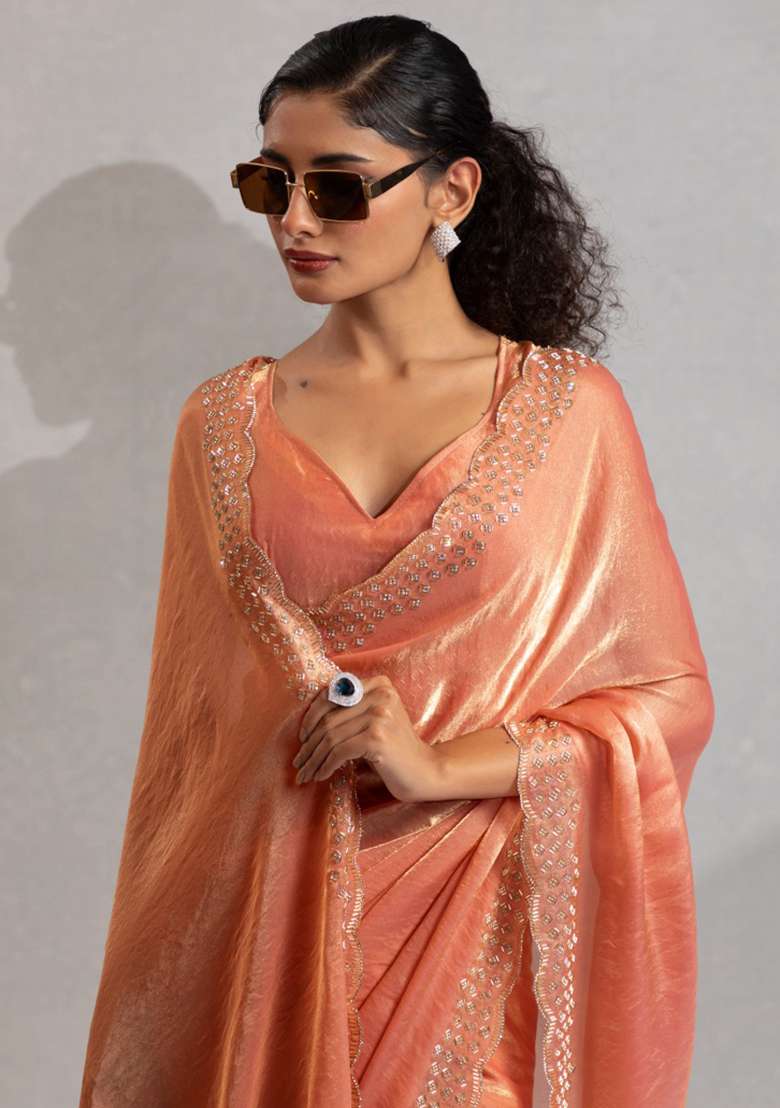 Peach Heavy Hand Work Zircon Silk Blend Saree Set for Diwali and Festive Wear - Indya