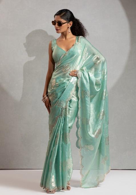 Firozi Heavy Hand Work Zircon Foil Saree Set