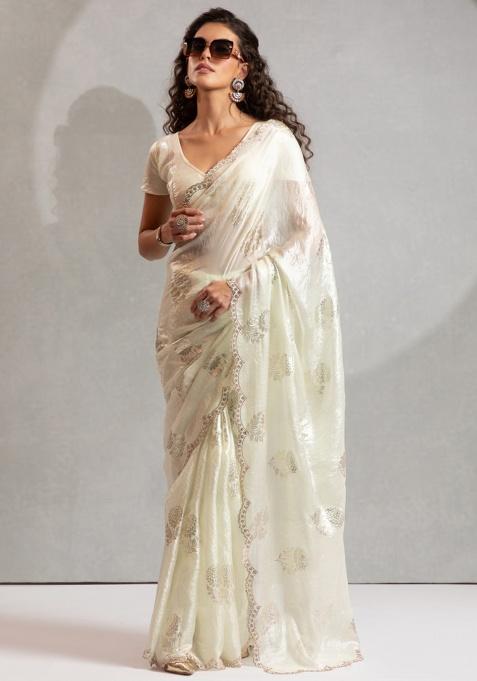 Off White Heavy Hand Work Zircon Foil Saree Set