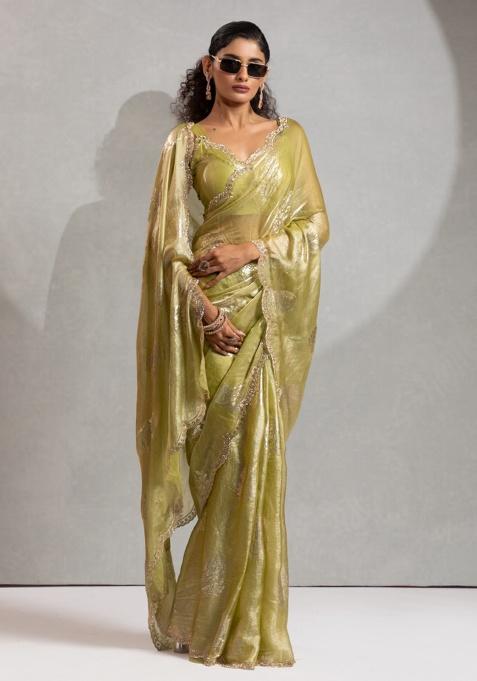 Elaichi Heavy Hand Work Zircon Foil Saree Set