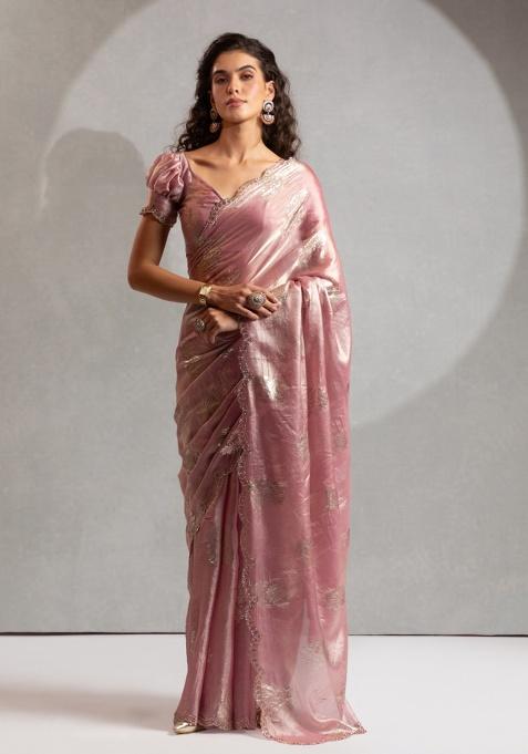Pink Heavy Hand Work Zircon Foil Saree Set