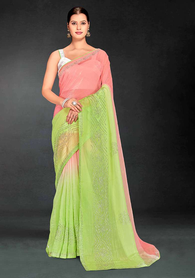 Peach Perrot Green Embroidery Work Silk Blend Saree Set for Diwali and Festive Wear - Indya