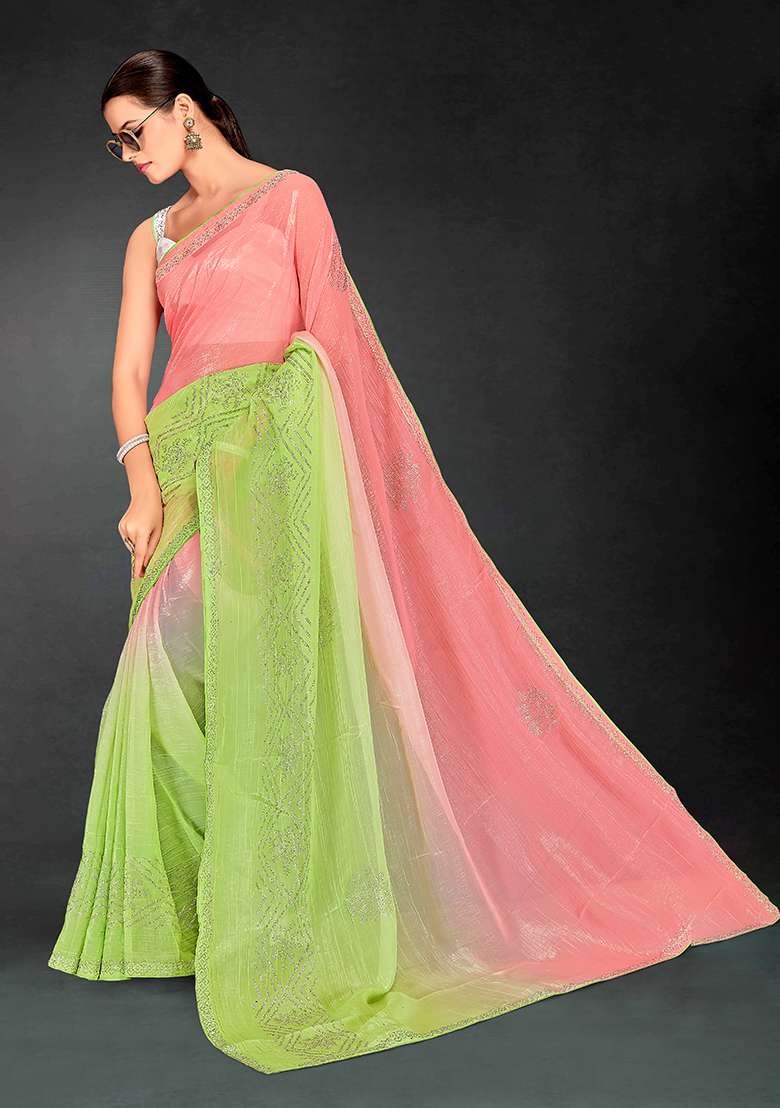 Peach Perrot Green Embroidery Work Silk Blend Saree Set for Diwali and Festive Wear - Indya