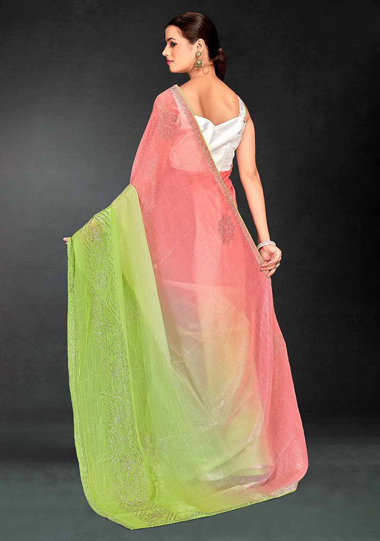 Peach Perrot Green Embroidery Work Silk Blend Saree Set for Diwali and Festive Wear - Indya