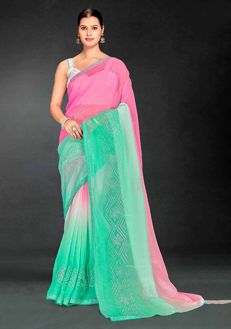 Pink Cgreen Sequence Work Silk Blend Saree Set for Diwali | Wedding & Festive Wear - Indya