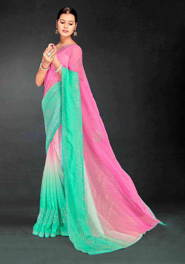 Pink Cgreen Sequence Work Silk Blend Saree Set for Diwali | Wedding & Festive Wear - Indya