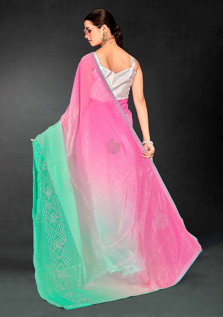 Pink Cgreen Sequence Work Silk Blend Saree Set for Diwali | Wedding & Festive Wear - Indya