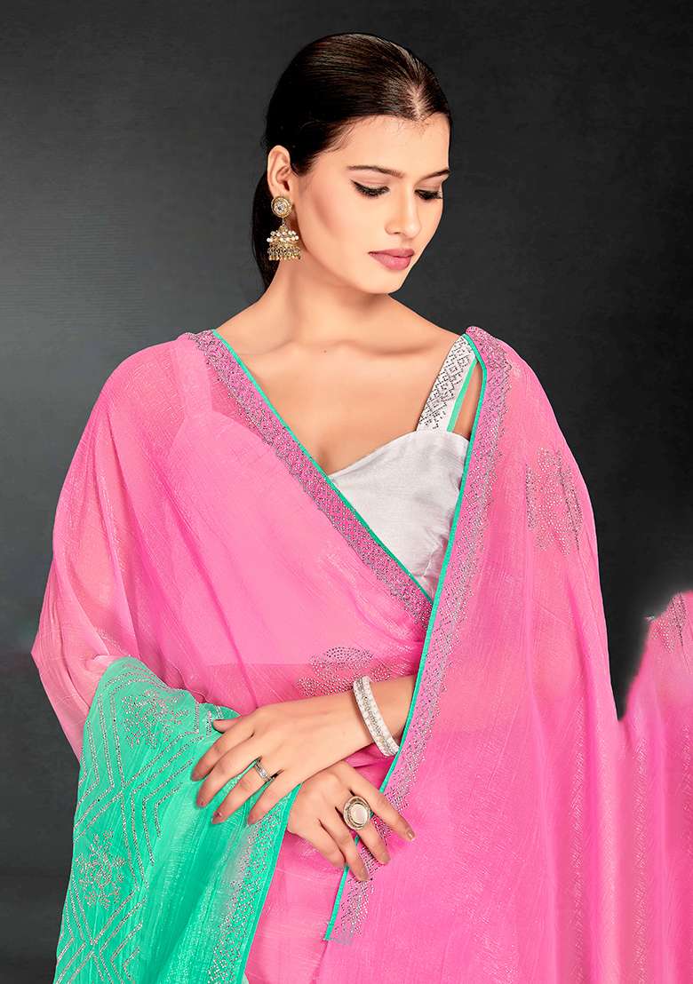 Pink Cgreen Sequence Work Silk Blend Saree Set for Diwali | Wedding & Festive Wear - Indya