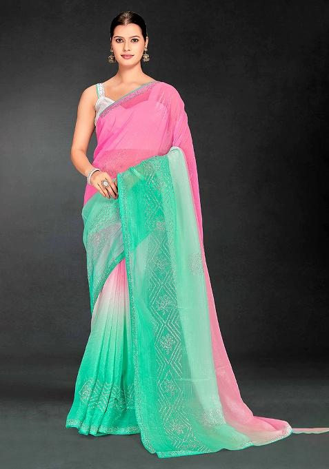 Pink Cgreen Sequence Work Silk Saree Set