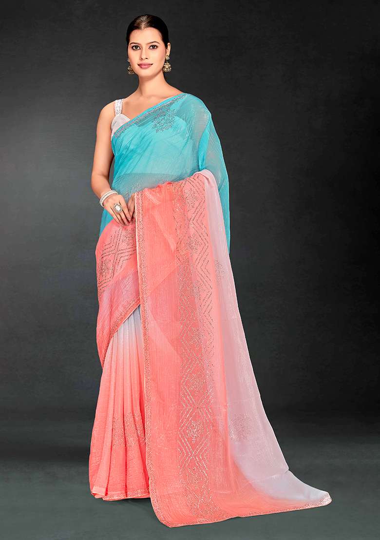 Peach Sequence Work Silk Blend Saree Set for Diwali and Festive Wear - Indya