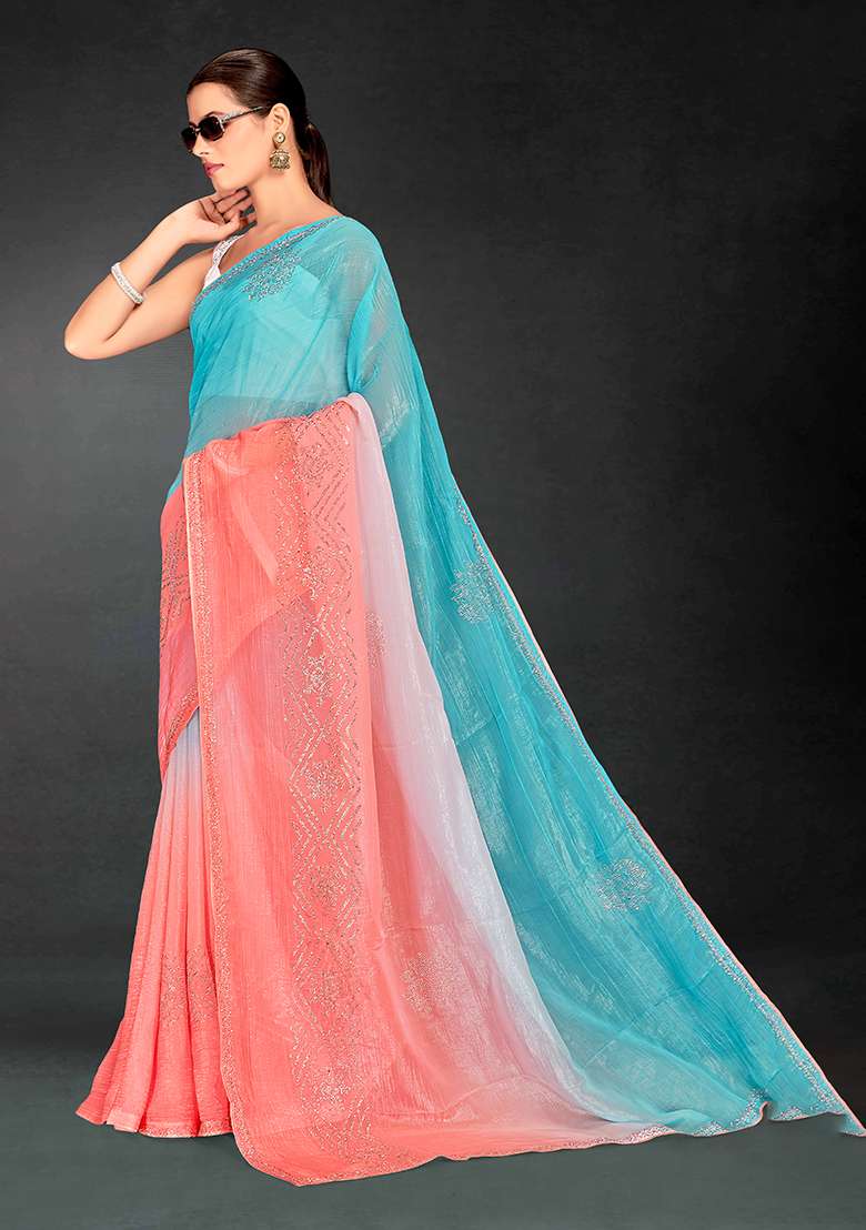 Peach Sequence Work Silk Blend Saree Set for Diwali and Festive Wear - Indya