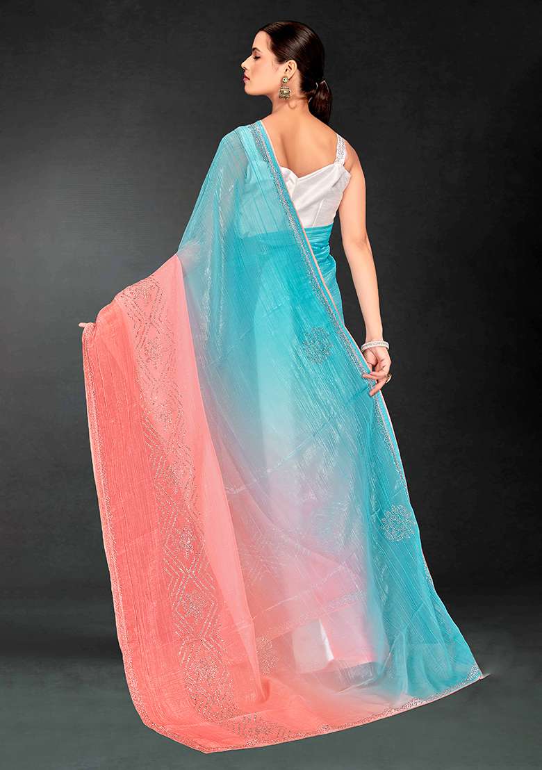 Peach Sequence Work Silk Blend Saree Set for Diwali and Festive Wear - Indya
