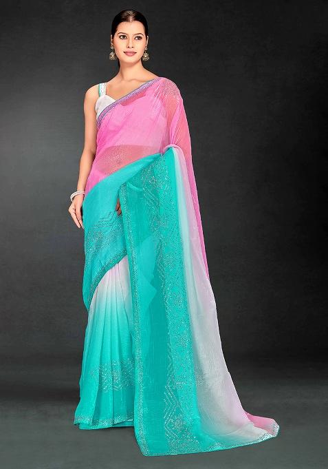 Pink Sky Sequence Work Silk Saree Set