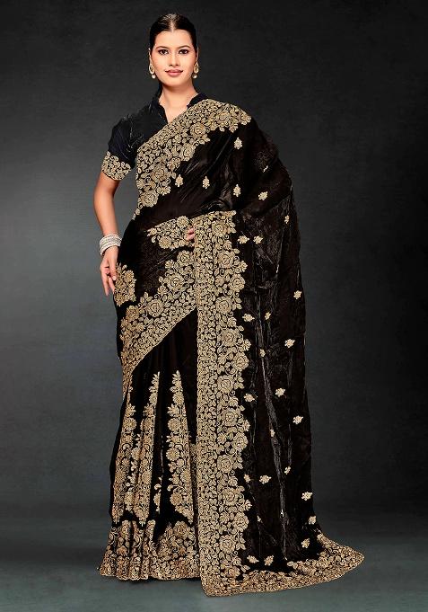 Black Sequence Work Silk Saree Set