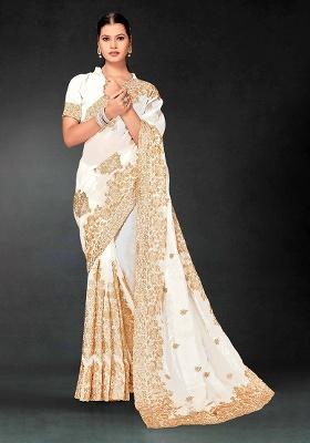 White Embroidery Work Silk Saree Set