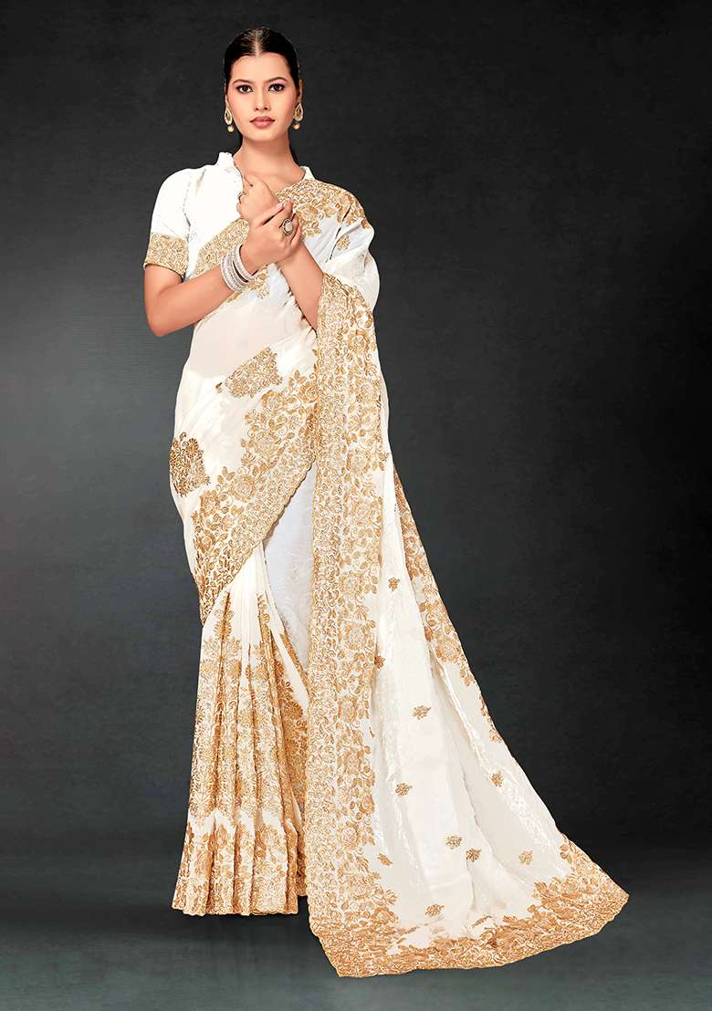 White Embroidery Work Silk Blend Saree Set for Diwali and Festive Wear - Indya