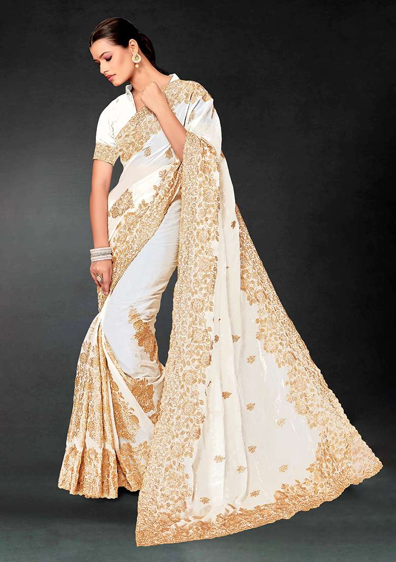 White Embroidery Work Silk Blend Saree Set for Diwali and Festive Wear - Indya