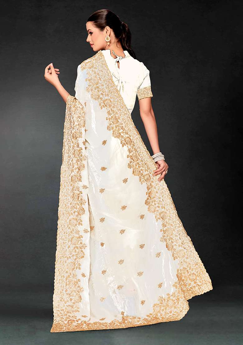 White Embroidery Work Silk Blend Saree Set for Diwali and Festive Wear - Indya