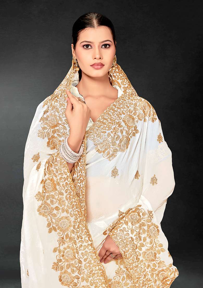 White Embroidery Work Silk Blend Saree Set for Diwali and Festive Wear - Indya