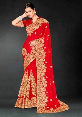 Red Embroidery Work Silk Saree Set
