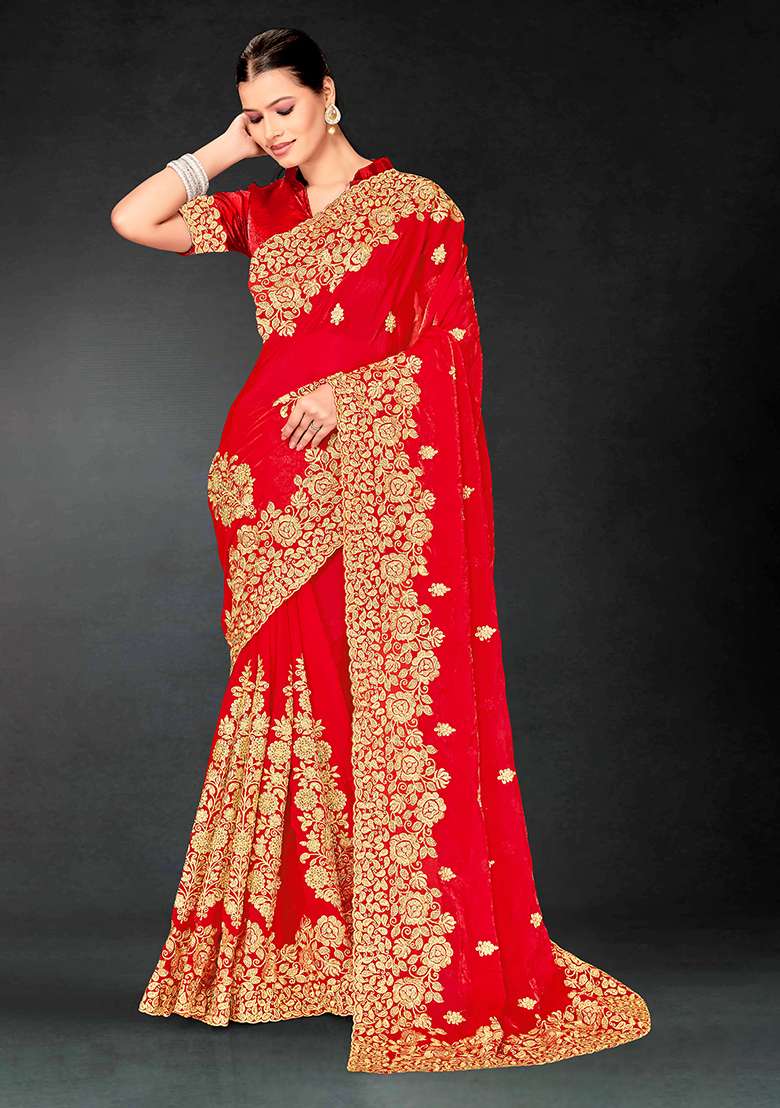 Red Embroidery Work Silk Blend Saree Set - Indya