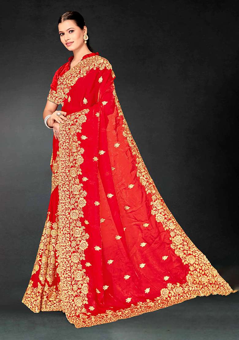 Red Embroidery Work Silk Blend Saree Set - Indya