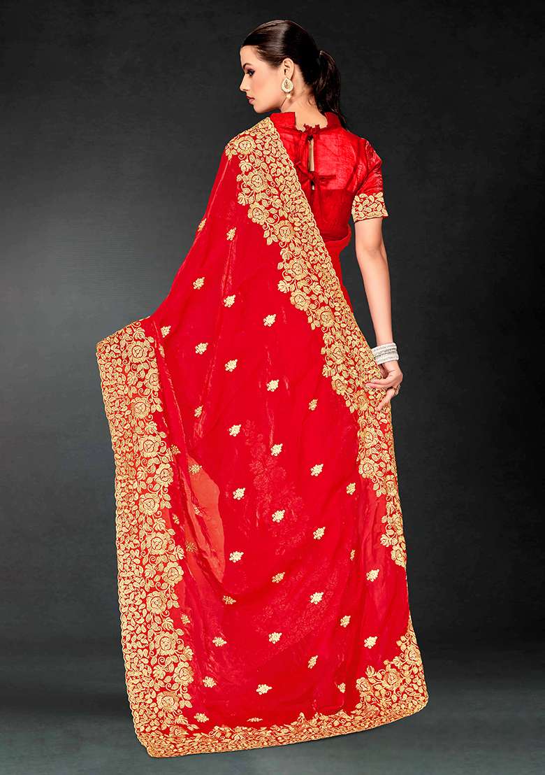 Red Embroidery Work Silk Blend Saree Set - Indya