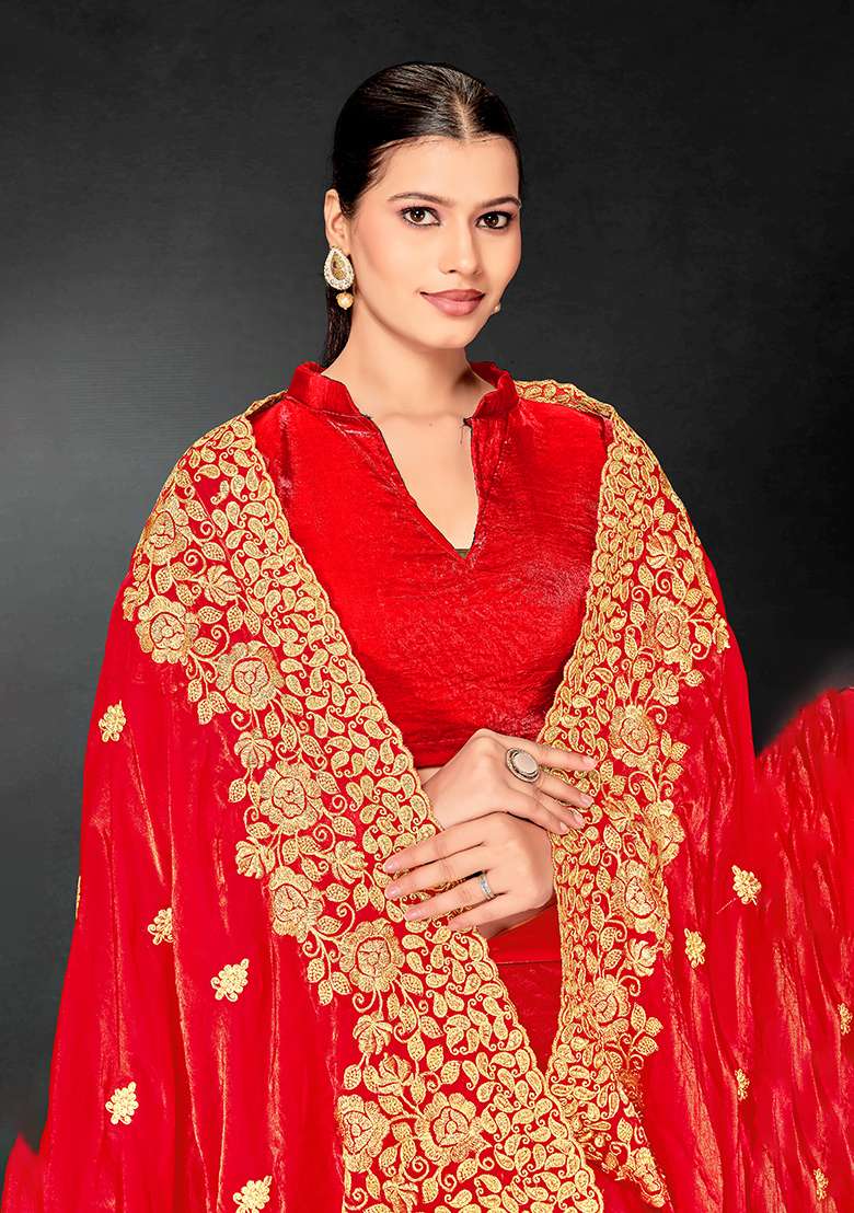 Red Embroidery Work Silk Blend Saree Set - Indya