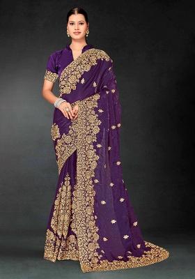 Purple Embroidery Work Silk Saree Set