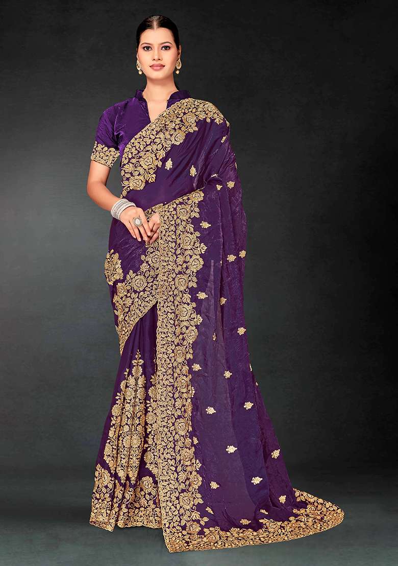 Purple Work Silk Blend Saree Set with Embroidery for Diwali | Wedding & Festive Wear - Indya