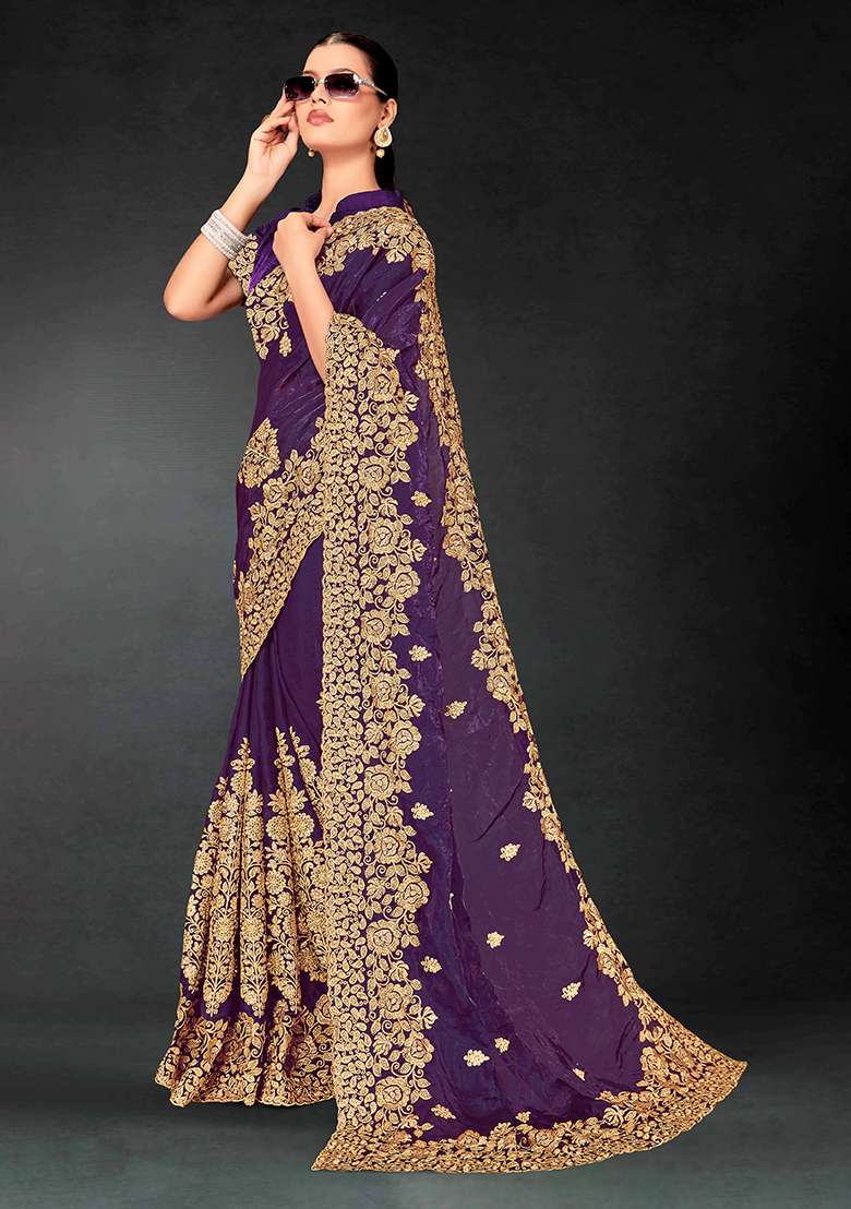 Purple Work Silk Blend Saree Set with Embroidery for Diwali | Wedding & Festive Wear - Indya