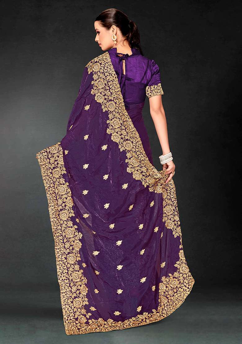 Purple Work Silk Blend Saree Set with Embroidery for Diwali | Wedding & Festive Wear - Indya