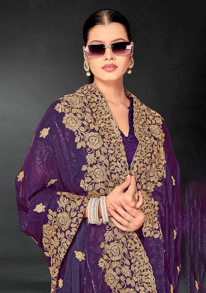 Purple Work Silk Blend Saree Set with Embroidery for Diwali | Wedding & Festive Wear - Indya