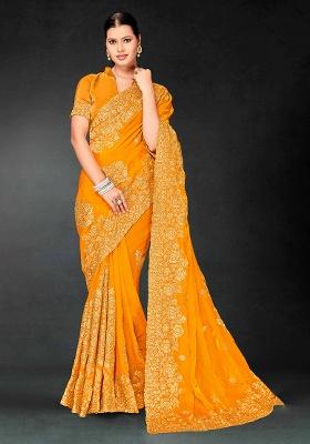 Mustard Embroidery Work Silk Saree Set