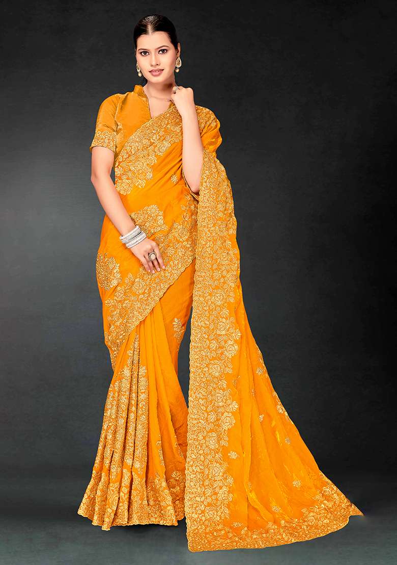 Mustard Work Silk Blend Saree Set with Embroidery for Diwali | Wedding & Festive Wear - Indya