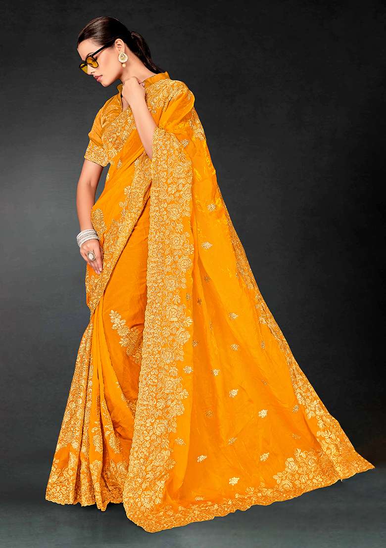 Mustard Work Silk Blend Saree Set with Embroidery for Diwali | Wedding & Festive Wear - Indya