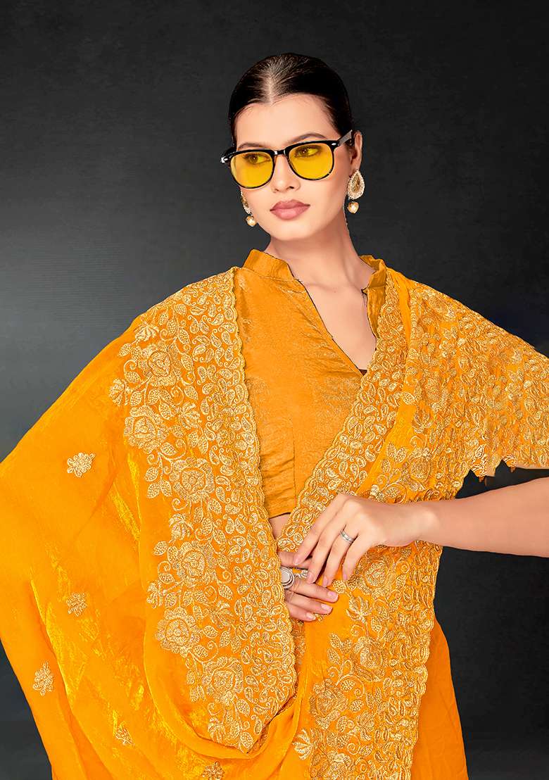 Mustard Work Silk Blend Saree Set with Embroidery for Diwali | Wedding & Festive Wear - Indya