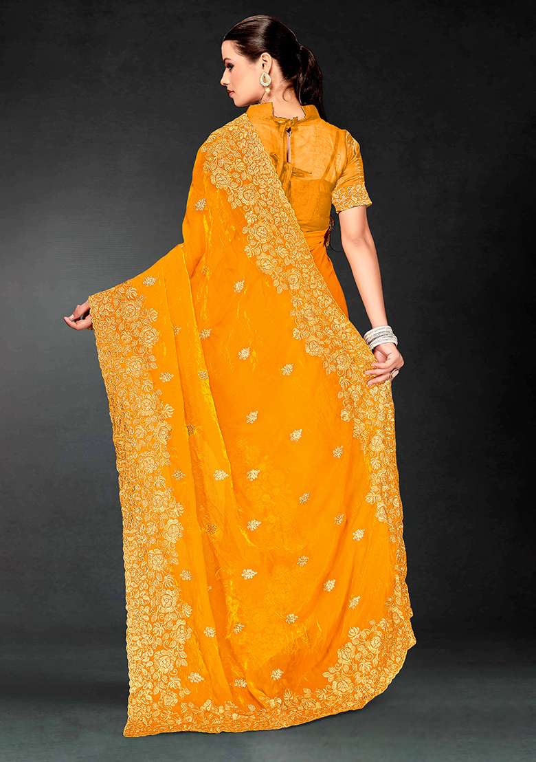 Mustard Work Silk Blend Saree Set with Embroidery for Diwali | Wedding & Festive Wear - Indya