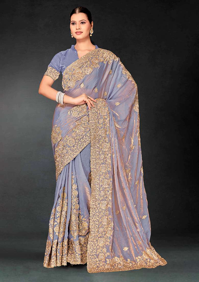 Dusty Gary Work Silk Blend Saree Set with Embroidery for Diwali | Wedding & Festive Wear - Indya
