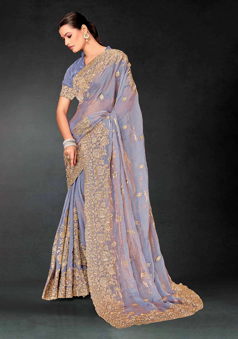 Dusty Gary Work Silk Blend Saree Set with Embroidery for Diwali | Wedding & Festive Wear - Indya