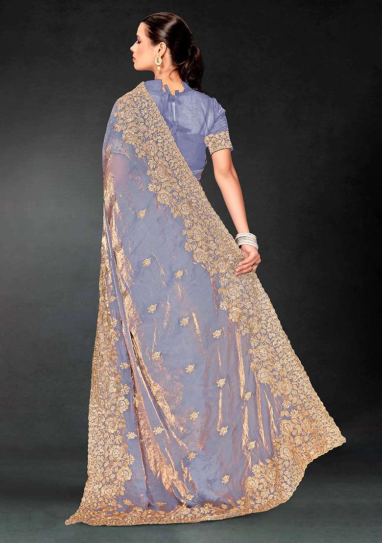 Dusty Gary Work Silk Blend Saree Set with Embroidery for Diwali | Wedding & Festive Wear - Indya