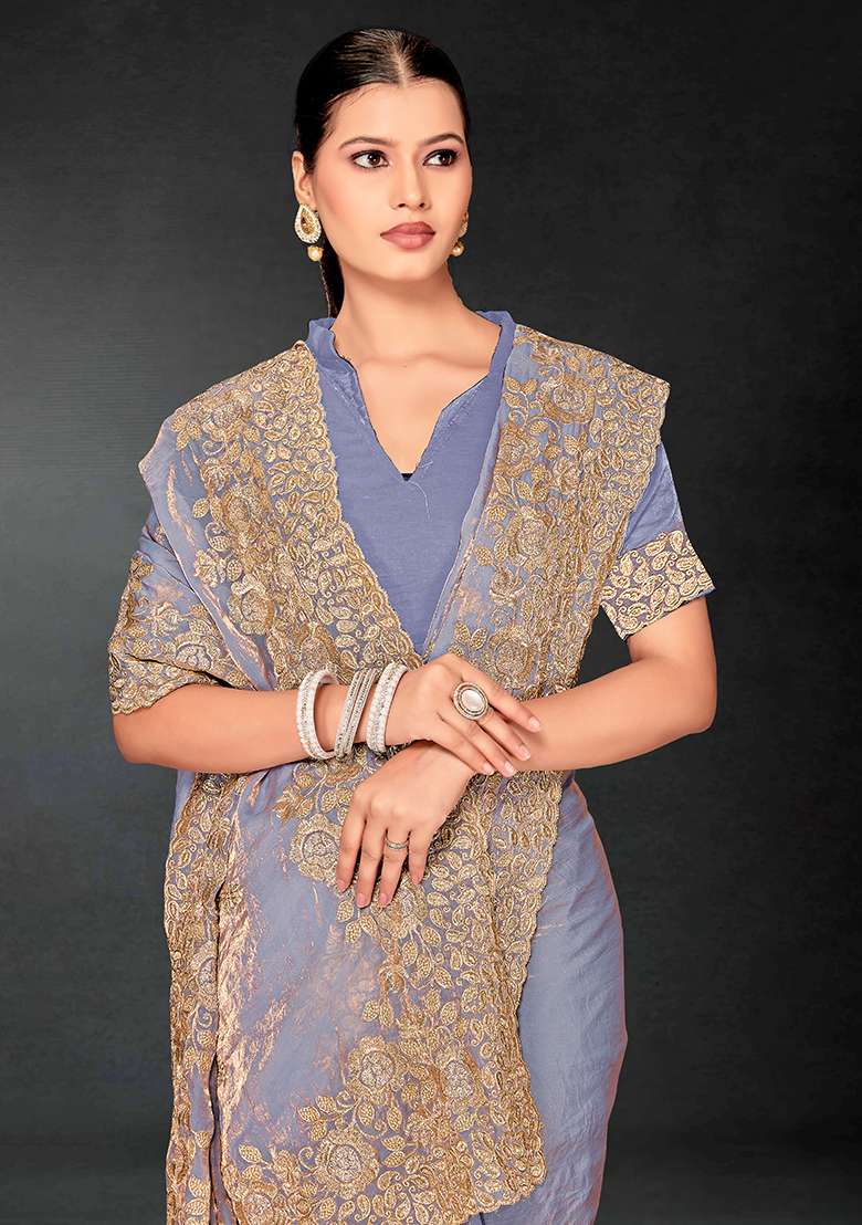 Dusty Gary Work Silk Blend Saree Set with Embroidery for Diwali | Wedding & Festive Wear - Indya