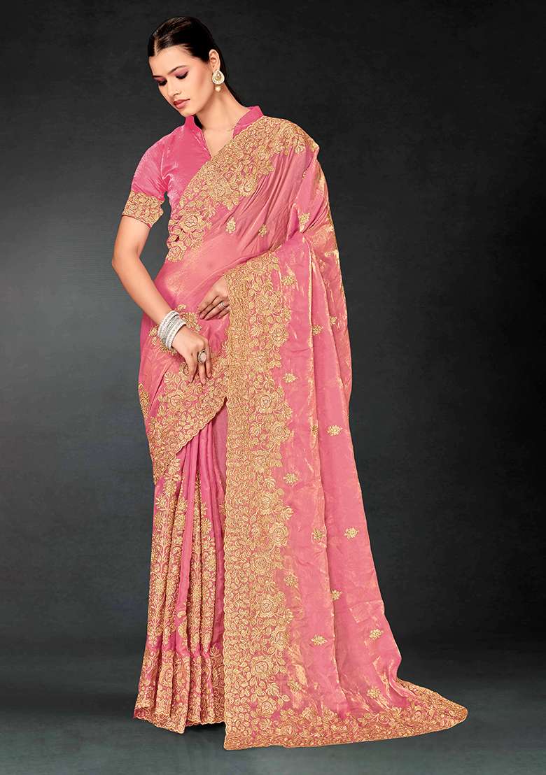 Dusty Pink Work Silk Blend Saree Set with Embroidery for Diwali | Wedding & Festive Wear - Indya