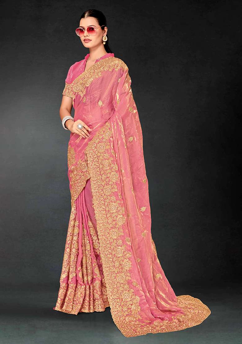 Dusty Pink Work Silk Blend Saree Set with Embroidery for Diwali | Wedding & Festive Wear - Indya
