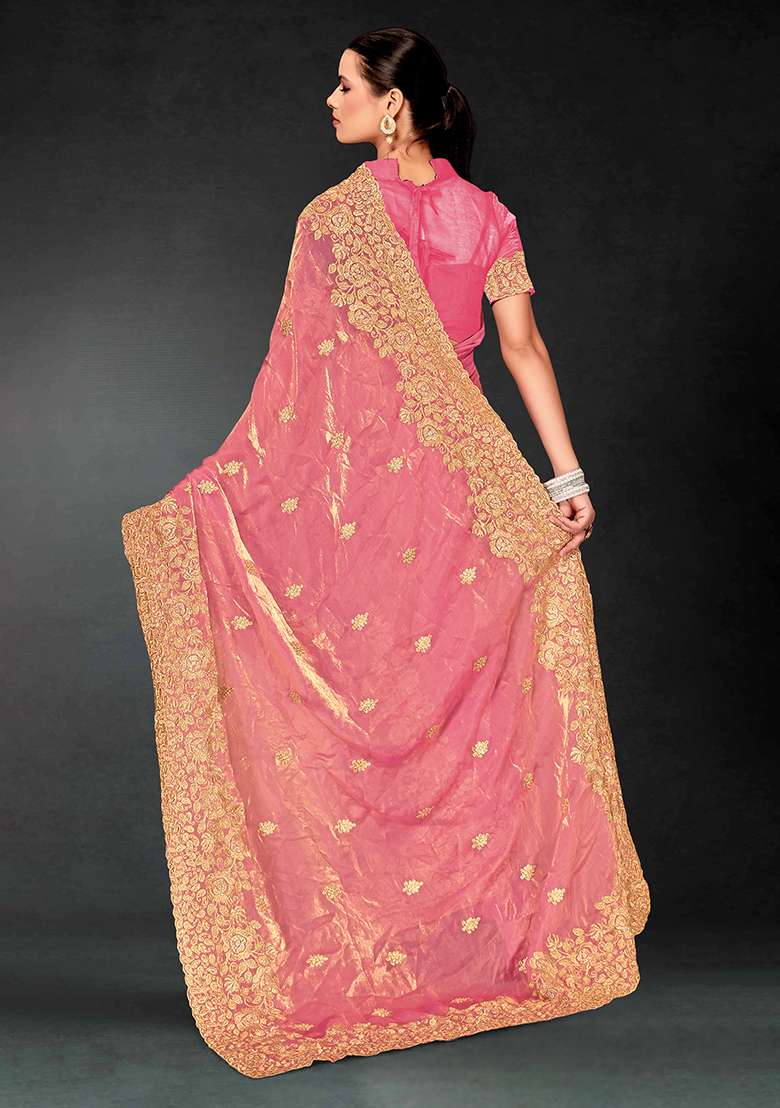 Dusty Pink Work Silk Blend Saree Set with Embroidery for Diwali | Wedding & Festive Wear - Indya