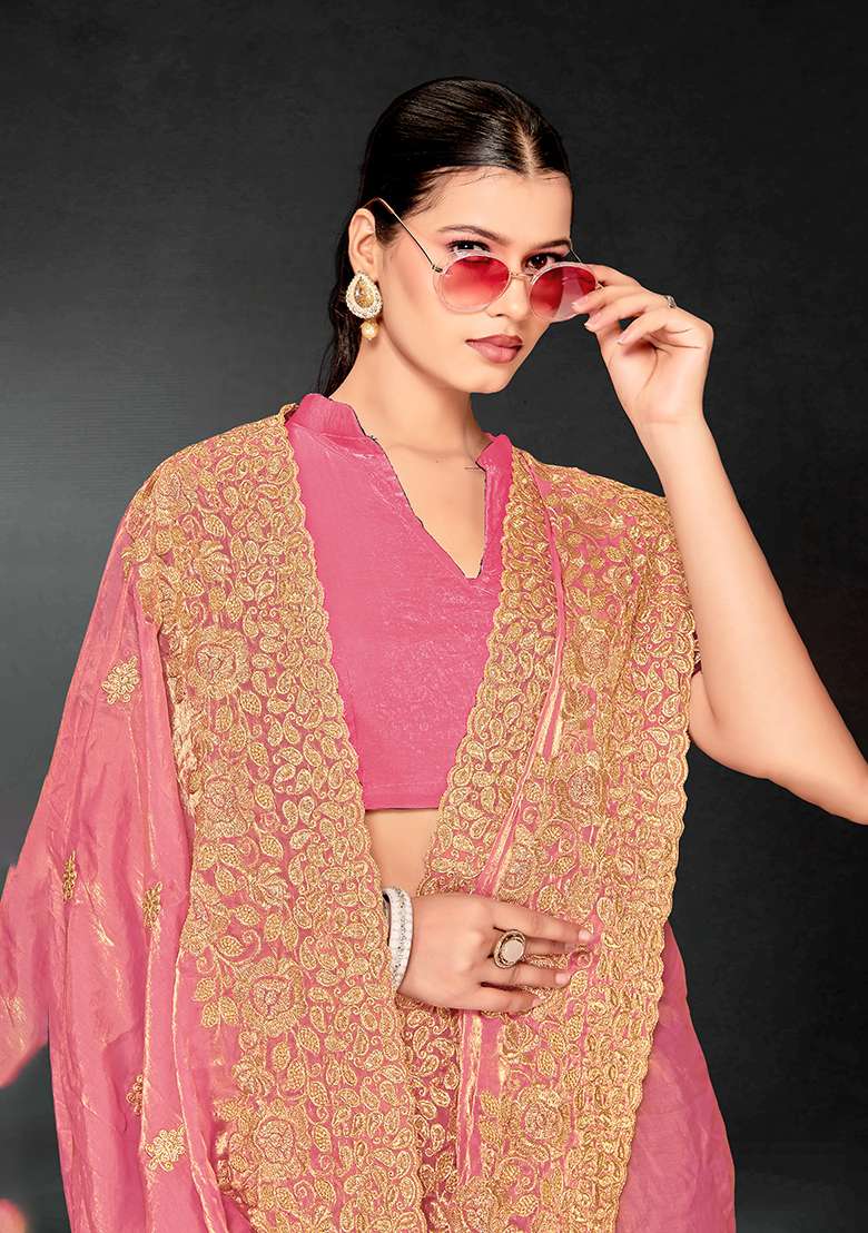 Dusty Pink Work Silk Blend Saree Set with Embroidery for Diwali | Wedding & Festive Wear - Indya