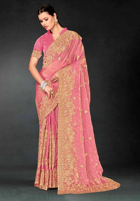 Dusty Pink Embroidery Work Silk Saree Set